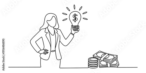 Continuous line drawing of a businesswoman holding a glowing lightbulb with a dollar sign Vector, illustration