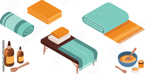 Isometric spa wellness accessories set, massage table towels essential oils skincare relaxation therapy beauty treatment vector illustration design