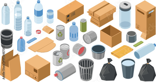 Isometric waste management and packaging set, plastic bottles cardboard boxes recycling bins garbage eco environment vector illustration collection design