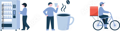 Flat illustration of people using vending machine drinking coffee and bicycle delivery courier service modern urban lifestyle concept set