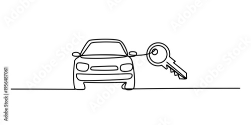 Single line drawing of a car and its key representing automotive sales or rental services Vector, illustration