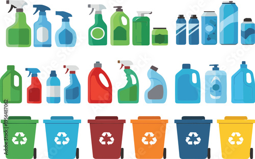 Cleaning Products and Recycling Bins Collection with Spray Bottles, Detergents, and Waste Containers in Flat Cartoon Style Vector Illustration for Household and Hygiene Design