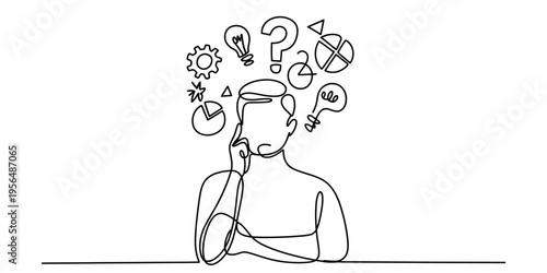 Continuous line drawing of a man thinking with business and idea symbols floating above his head. Vector, illustration