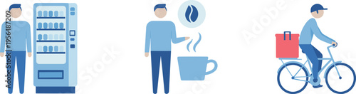 Flat style people using vending machine enjoying coffee and bicycle delivery courier service concept modern lifestyle illustration set