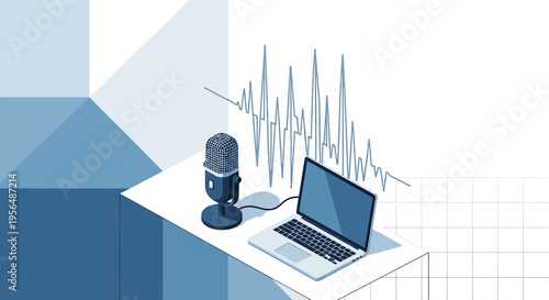 Isometric podcasting illustration capturing digital sound waves with microphone and laptop setup