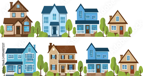 Colorful Suburban Houses Collection with Trees and Residential Buildings in Flat Style Vector Illustration for Real Estate, Property Design, and Urban Neighborhood Concepts