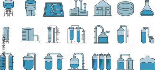 Industrial and laboratory equipment icons set with tanks reactors pipelines storage vessels and processing systems for manufacturing vector illustration