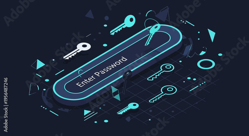 Isometric representation depicting data protection using password entry with scattered keys