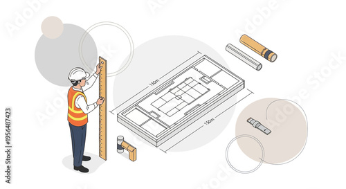 Isometric illustration showcasing a construction worker reviewing a blueprint with dimensions and