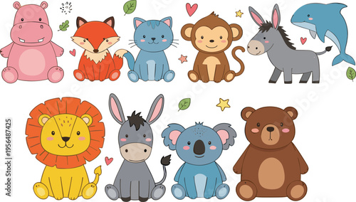 Cute Animal Character Collection with Hippo, Fox, Cat, Monkey, Donkey, Dolphin, Lion, Koala, and Bear in Kawaii Cartoon Style Vector Illustration for Kids Design