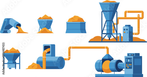 Industrial material handling system with hoppers conveyors pipelines and processing machines for manufacturing production plant vector illustration set