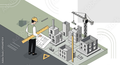 Isometric illustration showcasing an architect reviewing building designs in a construction site