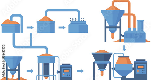 Industrial material processing workflow with hoppers pipelines mixers and machines showing step by step manufacturing system vector illustration set