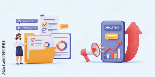 Business Workflow Management and Data Analytics Concept with Mobile Marketing Growth Charts, Task Planning, Digital Reports, and Productivity Optimization Illustration