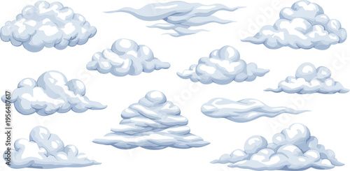 Cartoon Cloud Collection with Soft Sky Elements, Puffy and Wispy Cloud Shapes for Weather Design, Background Illustration, Game Assets, and Atmospheric Scene Creation