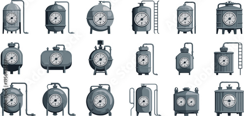 Industrial pressure tanks with gauges and valves set for chemical processing manufacturing equipment and factory system vector illustration