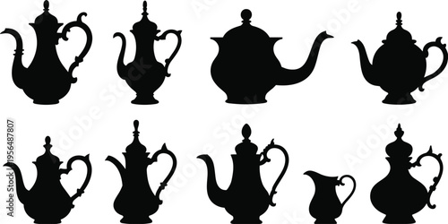Black vintage teapot and coffee pot silhouettes set with decorative handles isolated on white background for kitchen cafe and restaurant.