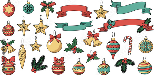 Christmas Ornament Set with Festive Baubles, Stars, Bells, Ribbons, Holly Leaves, and Candy Cane Elements for Holiday Design, Greeting Cards, Seasonal Decorations, and Winter Illustrations