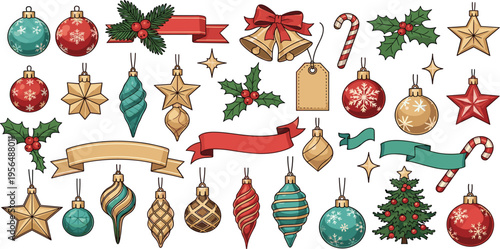Christmas Ornament Collection with Festive Baubles, Stars, Ribbons, Bells, Holly Leaves, Candy Canes, and Holiday Decorations for Seasonal Design, Greeting Cards, and Winter Illustrations
