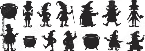  Black Silhouette Halloween Character Collection Featuring Witches Wizards Gnomes And Magic Cauldrons For Spooky Holiday Graphic Design And Seasonal Party Decor