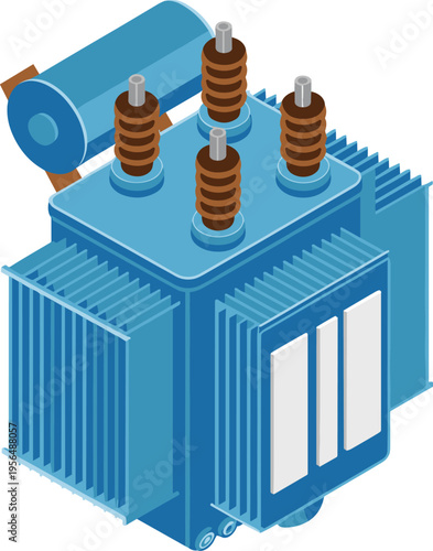 Isometric, electrical, transformer, power, equipment, energy, industry, technology, voltage, utility, station, grid, engineering, illustration, 3D, design, industrial, system, infrastructure, concept