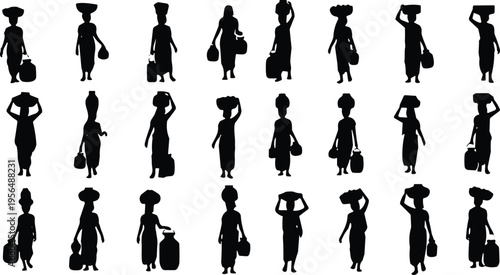 Black Silhouette Set of African Women Carrying Water Pots on Heads and Walking with Heavy Jugs Isolated on White Background