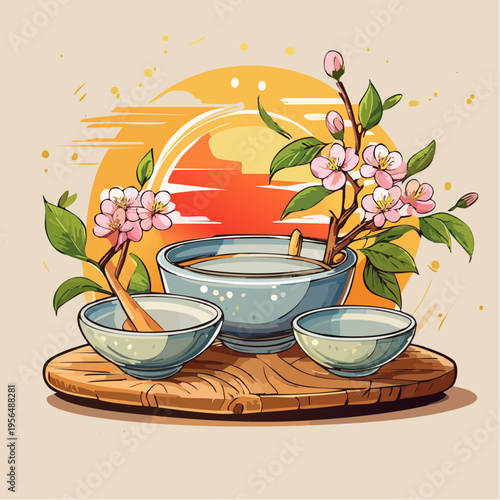 Minimalistisches Japandi Stillleben mit Keramik und Holz