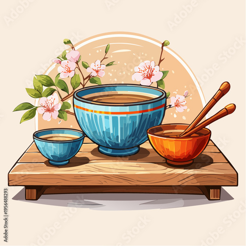 Minimalistisches Japandi Stillleben mit Keramik und Holz