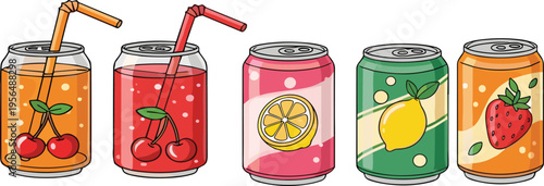 Cute Fruit Beverage and Ice Cream Collection with Soda Cans, Smoothies, and Dessert Drinks in Kawaii Cartoon Style Vector Illustration for Packaging and Menu Design