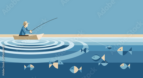 Man fishing from boat, conceptual illustration, serene seascape and graphical fish composition