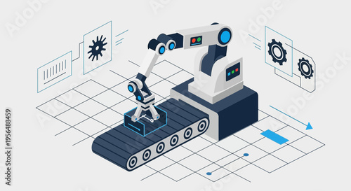 Isometric robotic arm illustration showcasing automated manufacturing processes and technology