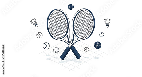 Isometric vector design showcasing crossed tennis rackets surrounded by sports equipment