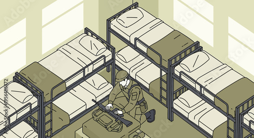 Isometric view of a soldier cleaning his weapon in a barracks amongst bunk beds during downtime