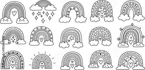 Cute Rainbow Doodle Set with Clouds, Hearts, Stars, and Decorative Arc Patterns in Hand Drawn Outline Style for Kids Coloring Pages, Nursery Design, and Playful Illustrations