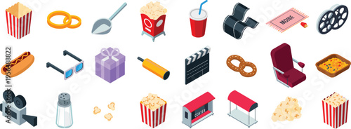 Isometric cinema icons set with popcorn soda film reel glasses snacks tickets and theater equipment for entertainment vector illustration
