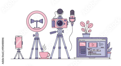 Camera equipment on tripods displayed.