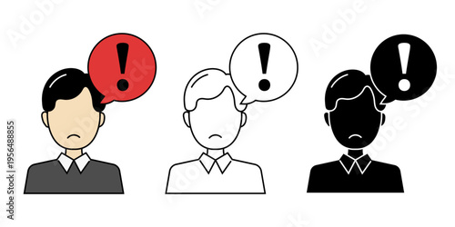 Mental Health Stigma and Social Alert Icon Set, Sad Man with Exclamation Speech Bubble in Color, Outline, and Silhouette Styles.
