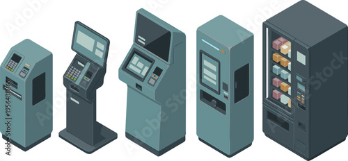 Isometric self service kiosks vending machines and payment terminals set with touchscreen interfaces for modern retail automation technology vector illustration