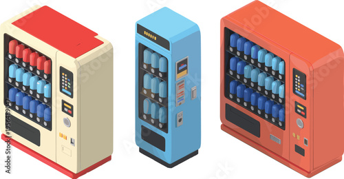 Isometric vending machines with beverage bottles payment panels and modern retail automation concept isolated vector illustration set
