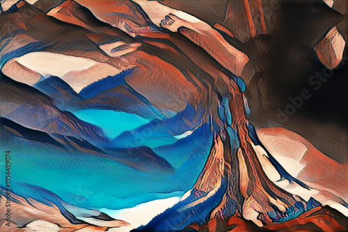 Hügelige Berglandschaft mit Seen und einem kleinen Höhleneingang, Fotografie als Gemälde umgewandelt