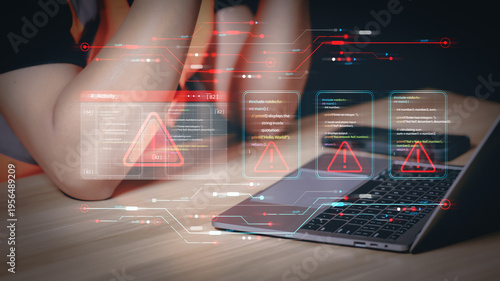 Fotografie Data security breach detected with futuristic red warning flags superimposed on programming scripts