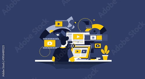 Visualizing video production process with filming creating editing in digital space