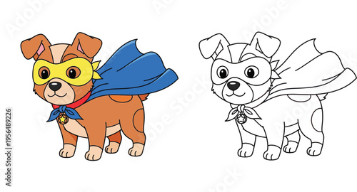 Cute superhero puppy dog character set featuring colored cartoon illustration and black and white line art outline for kids coloring book, puppy wearing blue cape and mask vector.