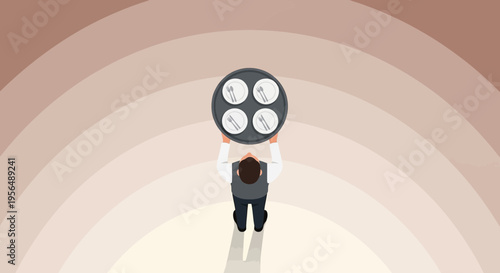 Waiter carrying tray full of four plates from above in minimalist illustration style