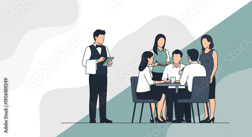 Waiter taking order from a group of business people in a restaurant minimal flat vector