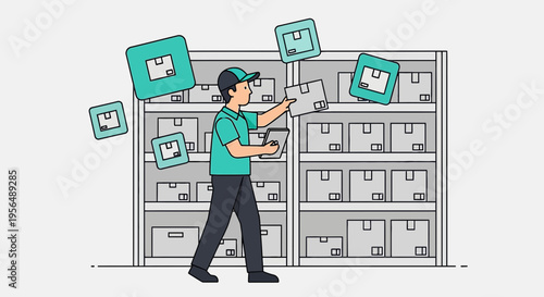 Warehouse employee taking inventory with tablet efficiently in distribution center stock management