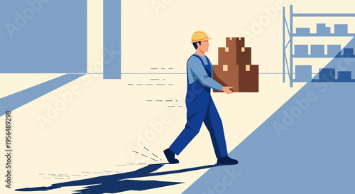 Warehouse logistics operator carrying boxes in a brightly lit storage area with shelving