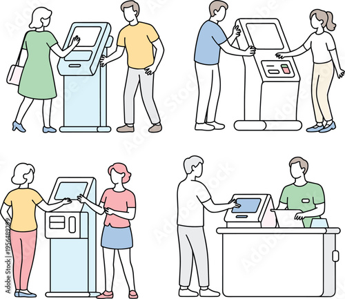 Line style illustration of people interacting with self service kiosks and checkout counters in modern retail payment technology environment