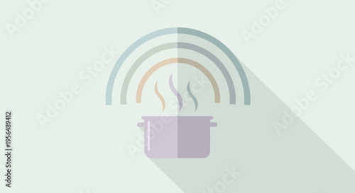 Whimsical cooking pot illustration with stylized steam arcs and soft pastel colors, minimalist style