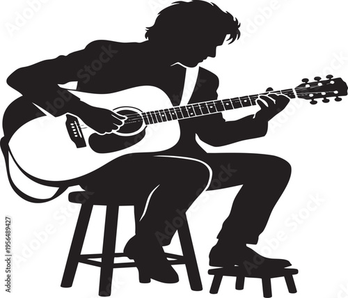 A silhouette of a male musician sitting on a stool and playing an acoustic guitar in a studio isolated on transparent background, Vector